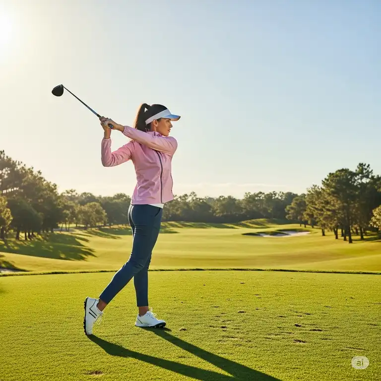 Woman in a stylish, lightweight womens golf jacket swinging on a sunny course.