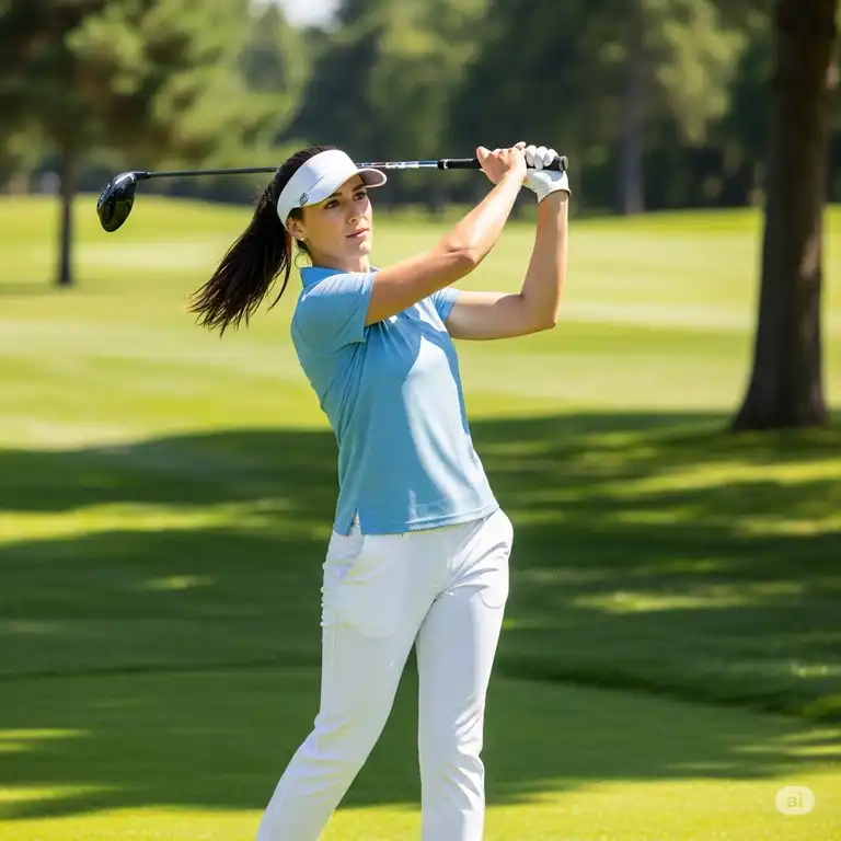 Woman in a stylish, breathable womens golf polo swinging a club on a sunny green golf course.