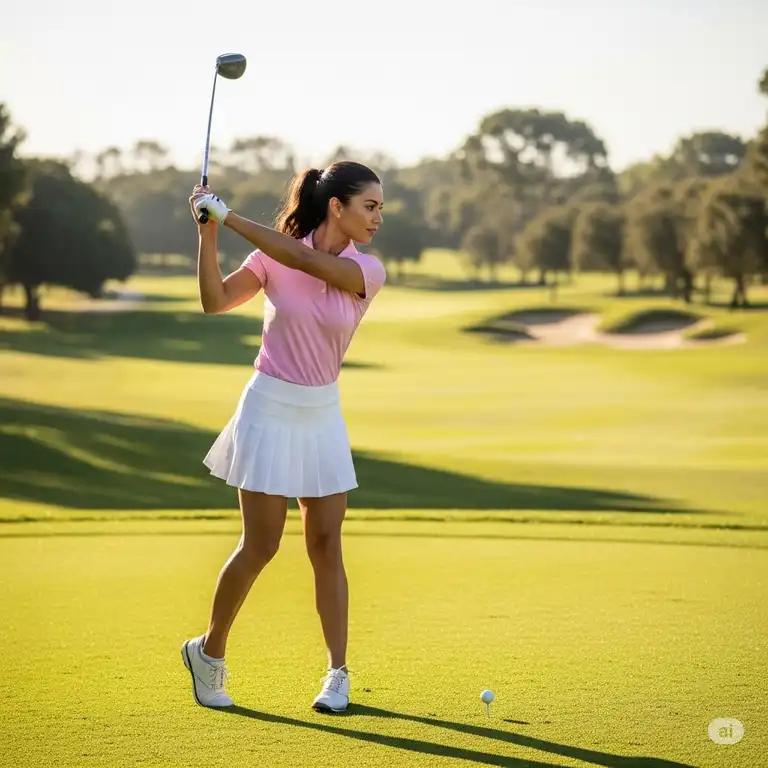 A stylish woman swinging a golf club, wearing a white pleated womens golf skirt and a pink polo shirt on a sunny course.