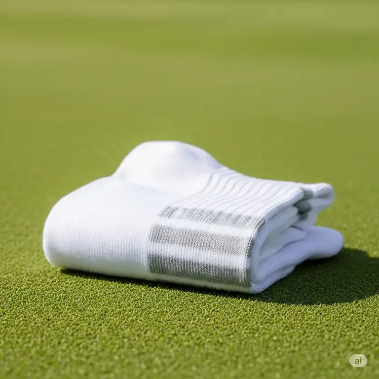 A close-up shot of a pair of white, ankle-length womens golf socks with a light gray stripe, neatly folded on a green golf course.