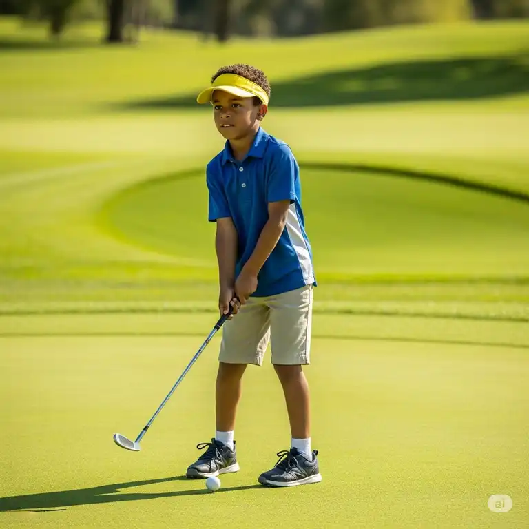 Young golfer with left handed golf clubs lining up a shot on a green, designed for youth players.