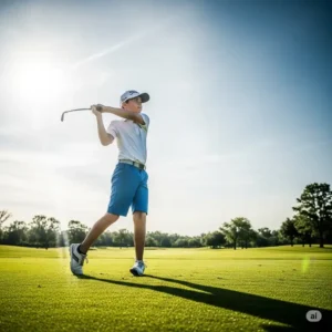 Dynamic shot of a boy in comfortable boys golf shorts executing a powerful swing on the golf course.
