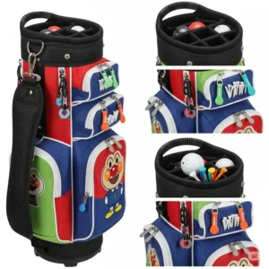 Detailed view of a childrens golf bag with multiple zippered pockets for golf balls, tees, and accessories.