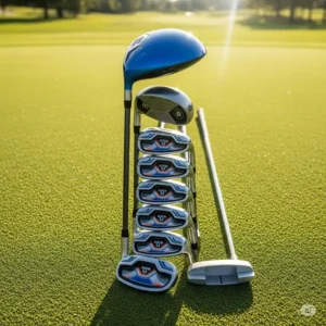 Complete set of left handed golf clubs youth, including driver, irons, and putter, neatly arranged.