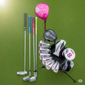 "An overhead view of a complete set of girls golf clubs, including a driver, irons, putter, and a lightweight stand bag, ideal for young golfers."