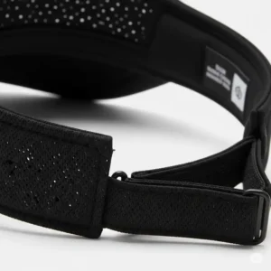 Close-up view of a black golf visor showcasing its breathable fabric and adjustable strap design.