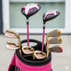 Close-up of a stylish pink golf bag with a set of golf clubs, representing popular ladies golf presents for enthusiasts.
