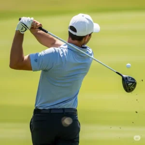 A male left-handed golfer powerfully swinging a driver, demonstrating proper form with mens lefty golf clubs.