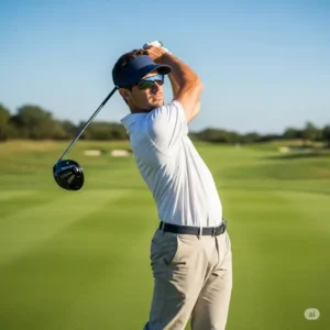Golfer in mid-swing, wearing a dark blue mens golf visor to keep the sun out of his eyes on a bright day.