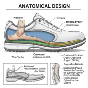 "Illustration showcasing the anatomical design of mens wide golf shoes, emphasizing enhanced comfort and arch support for broader feet."