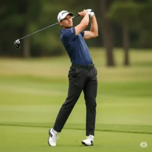 Tall man with perfect form swinging a driver from a golf club set for tall man designed for his height, emphasizing proper posture and reach.