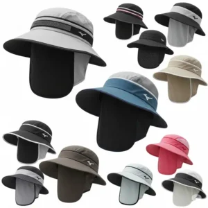 Collection of wide-brim women's golf hats in various colors, offering maximum sun protection on the course.

