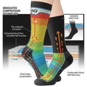 A diagram illustrating the graduated compression technology in a pair of women's knee-high womens golf socks, with arrows showing blood flow improvement.