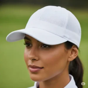 "Close-up of a woman in a classic white golf cap, emphasizing essential sun protection for womens golf headwear."