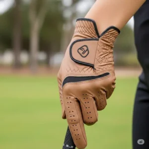 Close-up of a woman's hand wearing a comfortable, well-fitting golf glove designed specifically for women, highlighting grip and flexibility for enhanced performance.