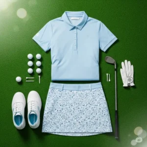A flat lay showcasing a cute women's golf outfits with a light blue athletic polo and a matching patterned golf skirt, perfect for a sunny day on the green.