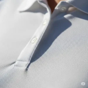 Close-up of moisture-wicking fabric on a white womens golf polo, showing texture and quality.