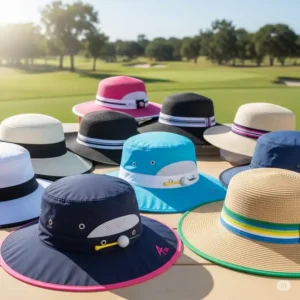 A collection of wide-brimmed golf sun hats for women in various colors, showcasing different styles and materials.