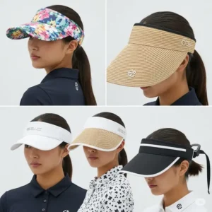  Collection of diverse womens golf visor styles, including classic, wide-brim, and clip-on designs, showcasing various colors and materials.