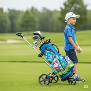 Easy-to-maneuver childrens golf bag with smooth-rolling wheels, ideal for kids to transport their own clubs.