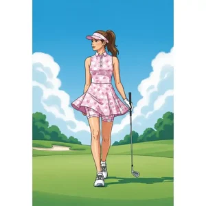 An illustration of a woman confidently walking on a golf course, dressed in a cute women's golf outfits with built-in shorts, highlighting comfort and style in women's golf apparel.