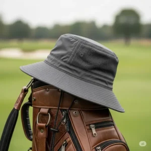 A durable golf bucket hat mens resting on a golf bag, showcasing its practicality and easy storage for the course.