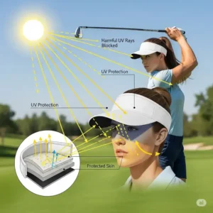 An illustration demonstrating how a golf visor effectively blocks harmful UV rays, protecting a golfer's face.
