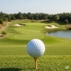 A high-quality golf ball on a tee with a scenic golf course background, perfect for illustrating practical ladies golf presents.