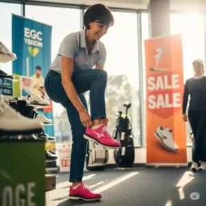 A woman comfortably trying on a pair of ladies golf shoes during a sale, emphasizing the importance of a good fit.
