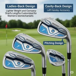 An illustration showcasing a set of ladies lefty golf irons (e.g., 7-iron, pitching wedge) with cavity-back designs, optimized for improved feel and accuracy for female left-handed players.