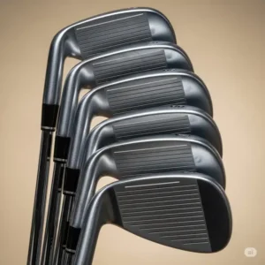 An assortment of left-handed golf irons from a set of left handed golf clubs, from long irons to short irons, demonstrating the various loft angles for different shots.