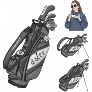 An illustration of a modern, lightweight golf bag for women, featuring multiple pockets, a comfortable strap, and a stylish design, ideal for carrying essential golf accessories for women.