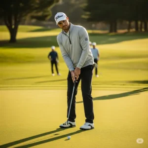 "Golfer focused on a putt, comfortably dressed in a versatile mens golf quarter zip."