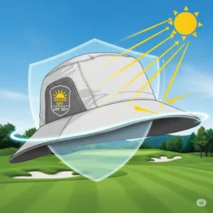 Illustration highlighting the UV protection features of a men's golf sun hat, with an icon showing SPF or UPF rating.