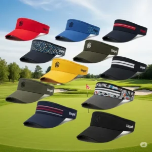 Assortment of mens golf visors in various colors and designs, showcasing options for every golfer's style.