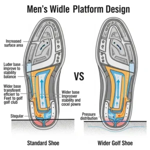"Diagram illustrating the wider sole and stable platform of mens wide golf shoes, providing improved balance and power during a golf swing."