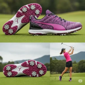 Spiked Puma women's golf shoes providing superior grip and stability for powerful swings on various terrains.