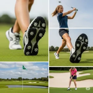 Detailed view of spikeless best female golf shoes on different golf course terrains, highlighting versatile traction.