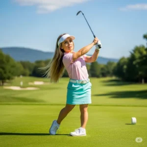 "A woman with a petite build demonstrating a smooth swing with a ladies petite golf clubs iron on the golf course."