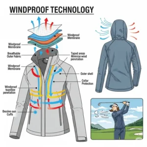Diagram illustrating the windproof technology in a womens golf jacket, protecting against gusts.