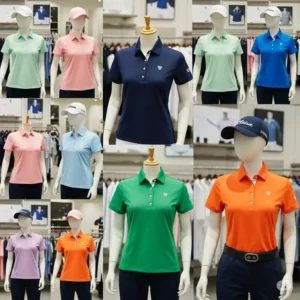 Array of colorful womens golf polo shirts in various shades, showcasing available options.