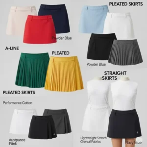 Collage displaying various styles of womens golf skirts, including A-line, pleated, and straight designs, in different colors.