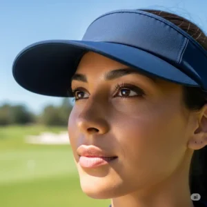 Close-up of a woman wearing a womens golf visor, demonstrating effective sun protection for her face and eyes on a bright day.