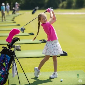 "A happy young girl in mid-swing with a properly sized junior golf club, demonstrating good form on the driving range with her girls golf clubs."