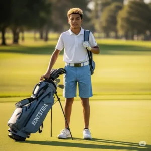 A young golfer confidently standing with his golf bag, highlighting the modern fit and versatile style of boys golf shorts.