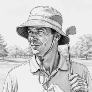 A stylized drawing of a golfer wearing a comfortable, lightweight bucket-style hat for sun protection on the course.