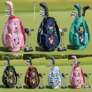 Assortment of vibrant and colorful childrens golf bags, offering options for every young golfer's preference.