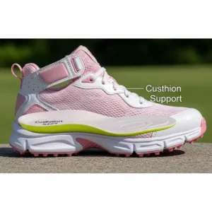 Side view of comfortable girls golf shoes, highlighting their cushioned insoles and supportive ankle design for all-day wear.