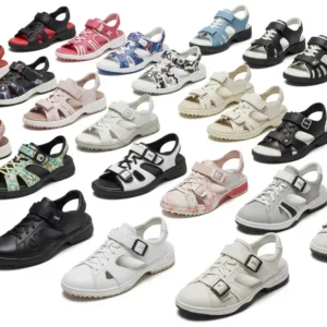 "Assortment of colorful golf sandals for women, showcasing various styles and hues available."