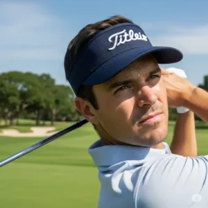 A male golfer wearing a classic navy golf visor, ideal for a comfortable and focused game.